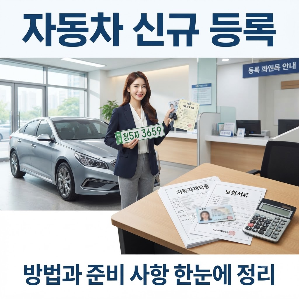 자동차 등록사업소에서 신규 자동차 등록 서류와 번호판을 준비하는 모습